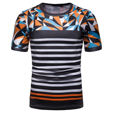 New Summer Men's Short-Sleeved T-Shirt Contrast Striped Slim Casual T-Shirts